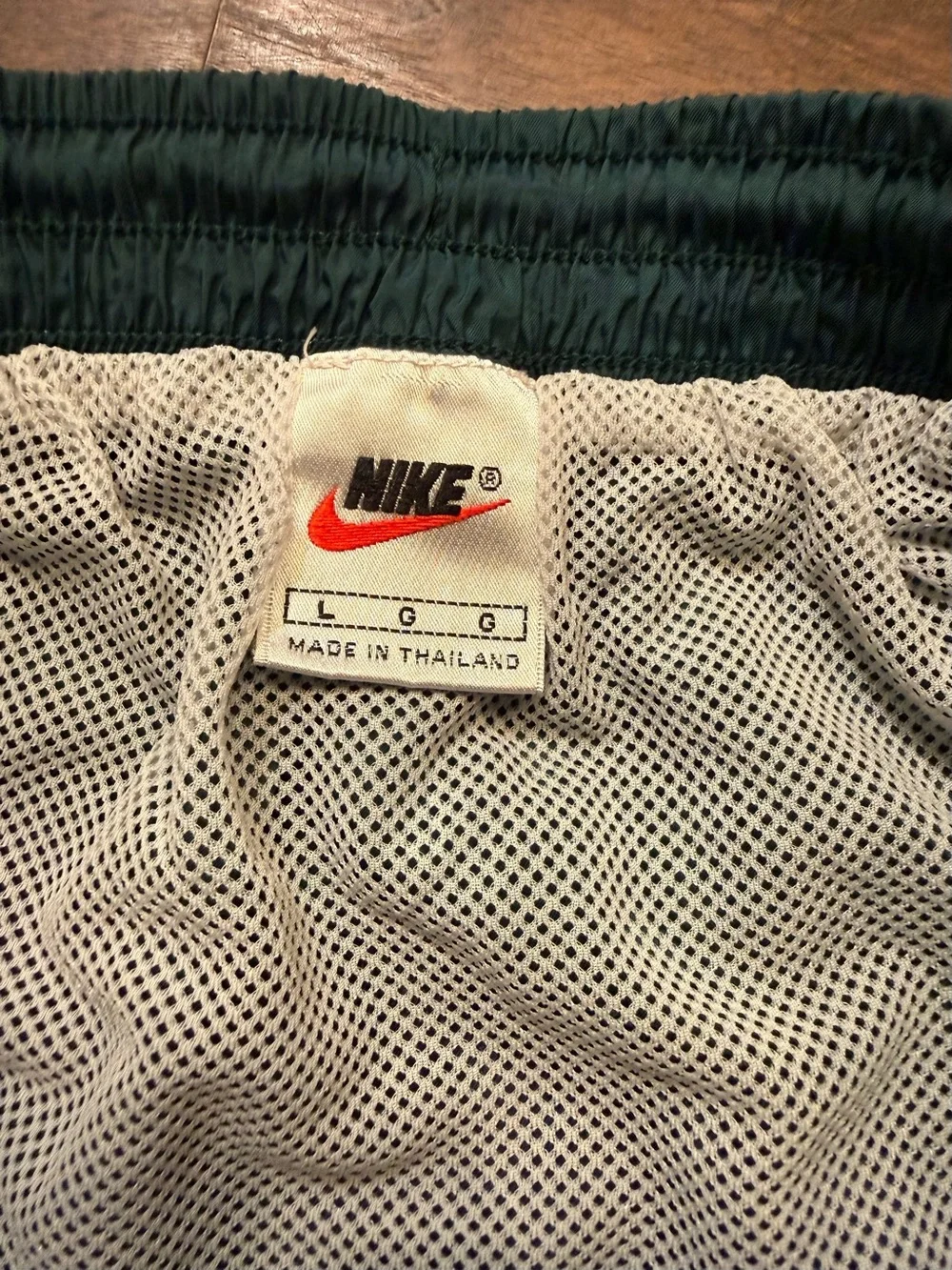 Vintage 90s Nike White Tag Big Nike Swoosh Men's Green and Navy Swim Shorts